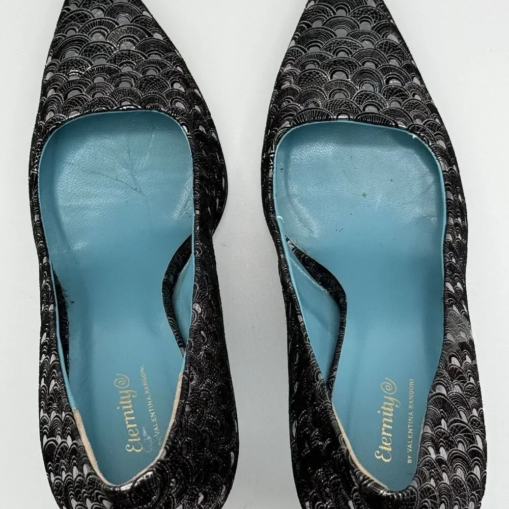 Valentina Rangoni Vintage Black Metallic Pumps 7.5M Pointed Toe Made Italy